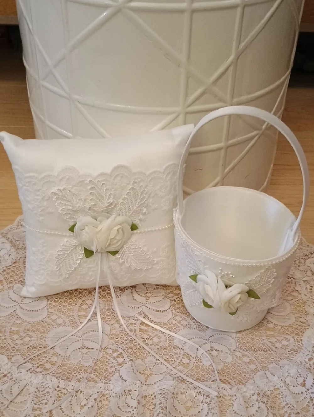 White Lace Wedding Ring Bearer Pillow and Flower Girl Basket Set - Picture 8 of 8